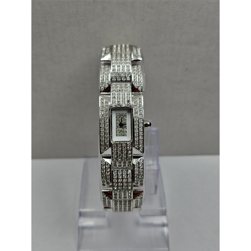 Suzanne Somers Womens Pave Rhinestone Tank Watch Silver Tone Y2K New Battery